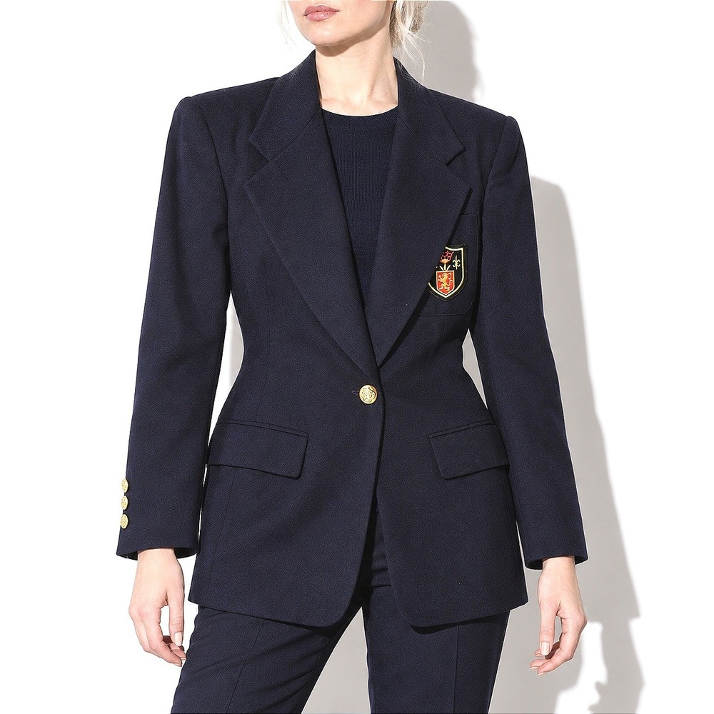 90s Vintage Worsted Wool Crest Blazer Womens 10 Navy Blue Rafaella Preppy Jacket